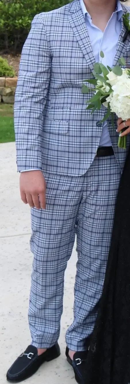 The Savile Row Co. Hoxton Light Blue Grey Plaid Stretch Suit